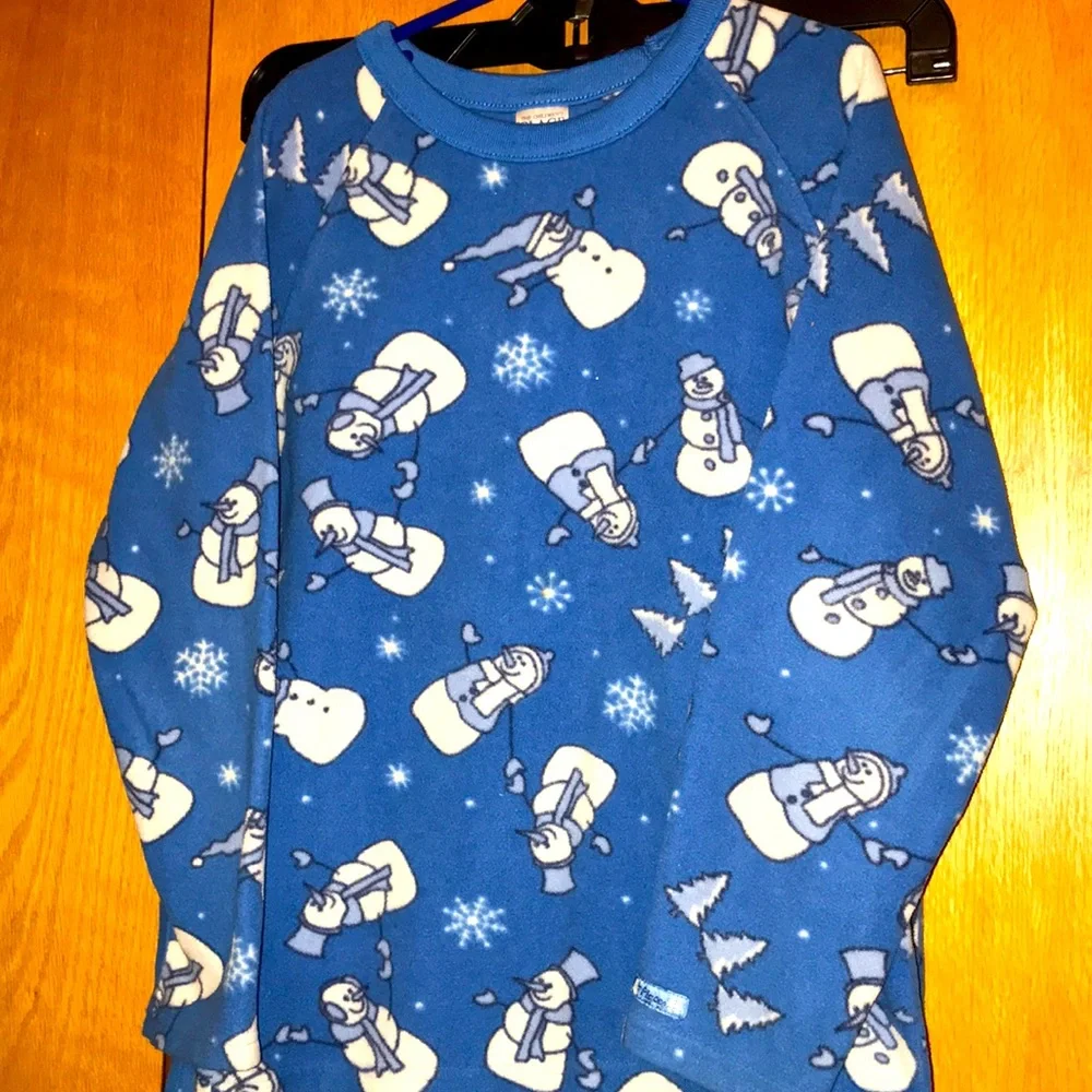 The Children’s Place 7 / 8 fleece pajamas set blue snowmen trees cozy warm VGUC